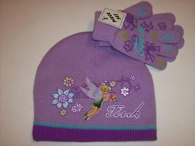 Disney Tink Hat Glove Set Girls Cold Weather Purple Flower OSFM New