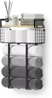 Towel Rack Wall Mounted with Wood Shelf,Wall Towel Rack for Rolled Towels, Beaut