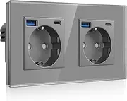 CNBINGO Schuko Double Socket with USB A and Type C Port, Double Wall Socket Flush-Mounted, 16 Amp Glass Sockets, Grey