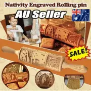 Wooden Rolling Pin Embossing Baking Cookies Biscuit 3D Christmas Xmas TL