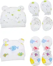 [ROMISBABA] 2sets Anti-scratch Gloves Foot Cotton Newborn Protectors Trees Fish Keeps Warm Safe for Showers