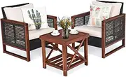 Costway 3-PCS Patio PE Rattan Chair Table Set, Wooden Wicker Furniture w/Solid Wood Frame, Soft Cushion, Coffee Table w/Shelf, Patio Conversation Sofa Setting for Balcony, Yard
