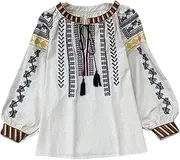 [Dickly] Women Embroidery Blouse Lantern Sleeves Lady Embroidered Top for Vacation Travel