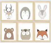 6 x A4 Nursery/Baby/Kids Woodland Animal Wall Prints Gift Fox Rabbit Bear Owl