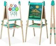 YULEYU Kids Art Easel with Paper Roll, Foldable Wooden Double-Sided Chalkboard & Whiteboard, Height Adjustable Contemporary Travel Easel in Green
