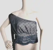 Torrid Cropped Top Woman's Medium Large Black Chiffon Flocked One Shoulder Dots