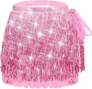 [Lorealri] Sparkly Pink Sequin Skirt Rave Tassel Belly Dance Hip Scarves Festival Costume for Women
