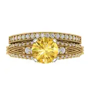 2.1ct Round Cut Pave Yellow Stone Ring Band bridal Set 14k 2 Tone solid Gold