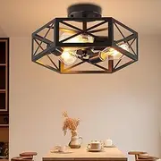 6 Light Semi Flush Mount Ceiling Light, Modern Farmhouse Living Room Light Fixture, Black Light Fixture, Modern Metal Hexagon Cage Ceiling Lamp for Kitchen Bathroom (3 Heads)