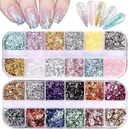 24 Grid Holographic Nail Art Foil Flakes,Kalolary Nail Foil Flakes Glitter Nail Sequins Confetti Gold Silver Irregular Glitter Mirror Effect Acrylic Nail Powders Nail Foil Paillette for Nail Decoration