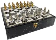 Medieval Times Crusades Busts GOLD SILVER Chess Set Black Faux Marble Storage BD