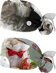 [YTYVAGT] 2-Pc,Nurse Scrub Caps,Scrub Hats with Buttons and Cotton Sweatband,White Dog Cute Bichon Frise