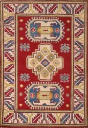 Geometric Red Super Kazak Oriental Accent Rug 3'x4' Wool Hand-knotted Carpet