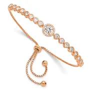 Sterling Silver Rose-Tone Bezel Set Cz & Halo Adjustable Bracelet