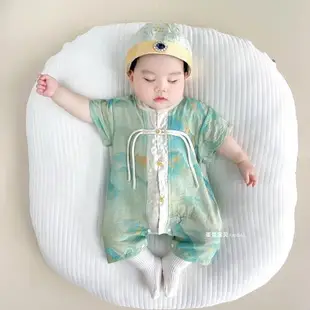 中式嬰兒衣服男寶寶夏裝連體滿月百天一周歲禮服抓周夏季薄款夏天