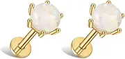 [Izpack] Round Opal Labret Cartilage Flat Back Stud Earrings Stainless Steel 6-Prong Birthstone Press Fit Threadless Push Tragus Monroe Helix Studs Nose Lip Rings Cute Pierced Body Jewelry for Women Men 18G