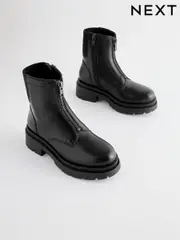 Black Leather Zip Front Chunky Chelsea Boots (Q97853) | $36 - $43
