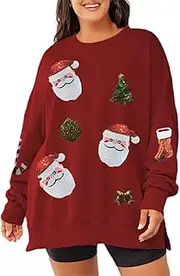 [DSORVICD] Women Y2k Christmas Glitter Sweatshirt Sequin Long Sleeve Pullover Top Ugly Sparkly Oversized Sweatshirt Streetwear, A Red, Small