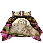Flowers and Moonlight Lullaby Cute Owl Family Coverlet