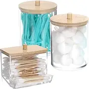 SUMTree Cotton Swab/Ball/Pad Holder ,Q-tip Holder with Wooden Lids ,Clear Plastic Cotton Ball Pad Container