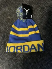 New WITH TAGS Jordan Pom Beanie Men Hat Laney Cuffed Spellout Blue And Yellow
