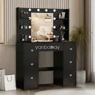 Vanity Table Set with Drawers Dimmable 10 LED Bulbs Mirror Black Dressing Table