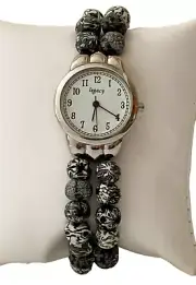 She Beads Stretchy Black & White Hand Rolled Clay Bead Watch Bracelet (50% Off)