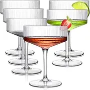 Ribbed Coupe Glasses Set of 6, Crystal Handmade Vintage Martini & Cocktail Glasses, Perfect for Dessert, Cocktail, Wine, Champagne & Gift - 10Oz