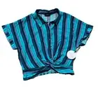 Milk & Honey Women’s Size XL Teal Striped Collared Button Up Knot Front Crop Top