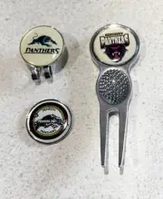 3 ONLY PENRITH PANTHERS GOLF BALL MARKERS, A QUALITY DIVOT TOOL & HAT CLIP