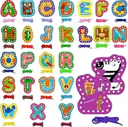 26 Pcs Kids Lace Up Cards Set, 26 Pieces Double-Sided Sewing Cards with Capital Letters and 26 Colorful Laces, Shoelace Toys for Kids Imagination Development