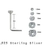 1pc. L-Shaped Prong Set Clear Cubic Zirconia 22GA .925 Sterling Silver Nose Stud