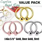 6pcs. 14G 3/8" Value Pack Ion Plated Captive Bead Ring Earring Labret Septum