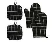 4Pcs Oven Mitts And Pot Holders, Heat Kitchen Microwave Glove For Baking Cooking Grilling, Good Fit Bbq,Black Plaid,Black Triangle