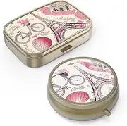 Pill Case Pill Box with Mirror Retro Small Pill Case for Purse or Pocket Bronze Pill Box or Vitamins, Fish Oil, Supplements, Pill Containe Travel Gifts（2PCS）