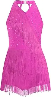 [Sinleey] Kids Girls Rhinestones Latin Jazz Dance Dress Sparkly Tango Rumba Samba Dance Costume Fringe Leotard