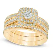 1.0 CT. T.W. Natural Diamond Double Square Frame Three Piece Bridal Engagement Ring Set in Solid 10K Yellow Gold
