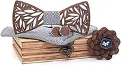 [PHEZEN] Wooden Bow Tie Gift Set for Men, Handmade Natural Wood Bowtie with Square Scarf, Corsage and Cufflinks Wood Box Set Type 3