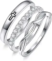 [AVECON] 3 Pcs Silver Wedding Ring Sets for Women, Stackable Infinity Cross Eternity Bands 925 Sterling Silver Bridal Engagement Ring Sets Size 5-10