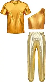 [FEESHOW] Kids Girl Dance Clothes Set Shorts Sleeve T-Shirt with Crop Top + Pant Hip Hop Clothing Set Jazz Dancewear