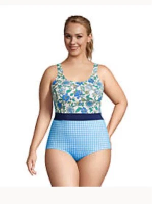 NEW Lands’ End Floral/Gingham Scoop Neck Soft Cup One Piece Swimsuit, Women 20W