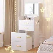 Dystler 3 in 1 Vanity Desk with Plip Top Mirror, Small Makeup Vanity Set with Visible Glass Desktop, Compact Make Up Vanity with 3 Drawers, Cushioned Tool, Dressing Table for Bedroom