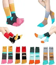 [Pursuestar] 4 Pairs Cotton Five Finger Socks Split Tabi Toe Socks Calf High Athletic Casual Color Block Seperated Socks for Women Girls, Mixed Colors, 5-11
