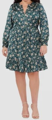 Vince Camuto Women's Green Floral-Print Babydoll Dress Plus Size 3X