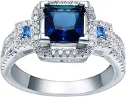 [VPbao] Simple Women's Ring Plated 925 Silver CZ Square Promise Rings Blue