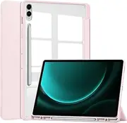 [Jarttarn] Compatible with Samsung Galaxy Tab S9 FE+/Galaxy Tab S9 FE Plus 12.4 Inch 2023 with Pen Holder, Shockproof Cover with Clear Transparent Back Shell, Auto Wake/Sleep (Pink)