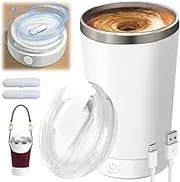 Self Stirring Mug with Detachable Base, 13.5 fl oz Automatic Magnetic Electric Coffee Mug, Self Stirring Coffee Cup with Leather Cup Holder & 2Pcs Rotor for Office/Kitchen/Travel/Home Coffee (White)