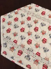 Handcrafted - Quilted Table Runner - Owls - Red, Gray, Slate Blue - Dots & Owls