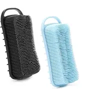 2 Pack Silicone Exfoliating Body Scrubber, 2 in 1 Body Brush & Hair Scalp Brush for Shower and Bath, Soft Silicone Loofah, Easy to Clean with Optimal Lathering (Black，Blue, One size)