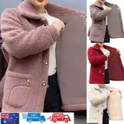 Women Sherpa Lined Lapel Coat Winter Warm Fleece Jacket Padded Cardigan Outwear